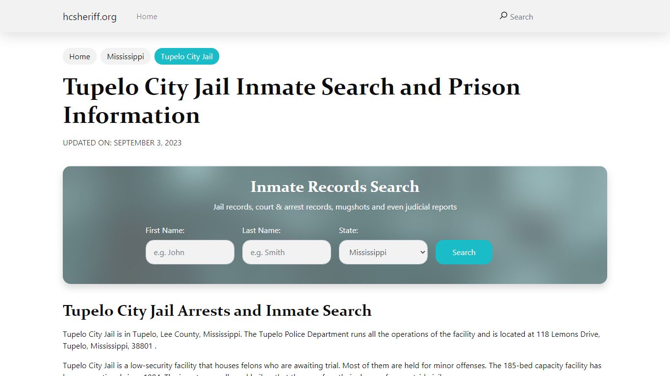Tupelo City Jail Inmate Search and Prison Information