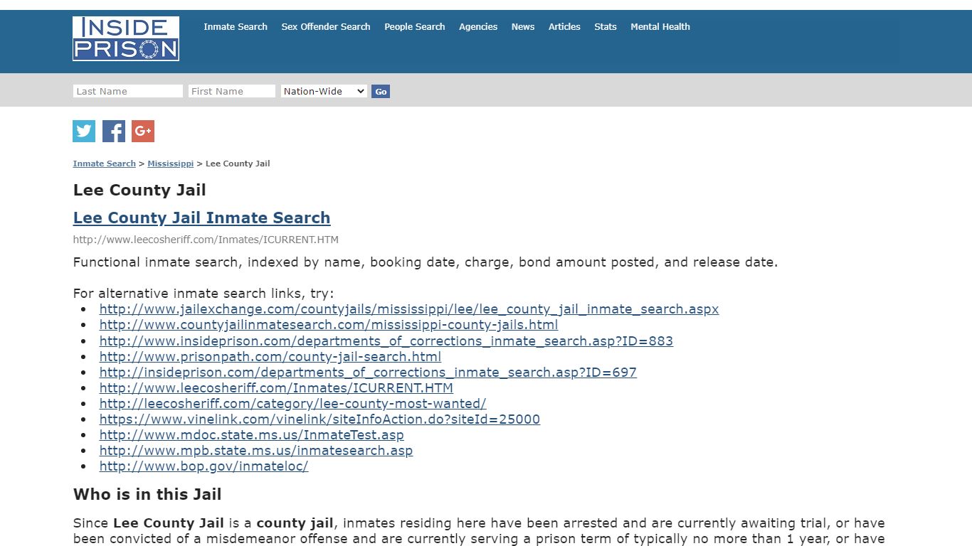 Lee County Jail - Mississippi - Inmate Search - Inside Prison